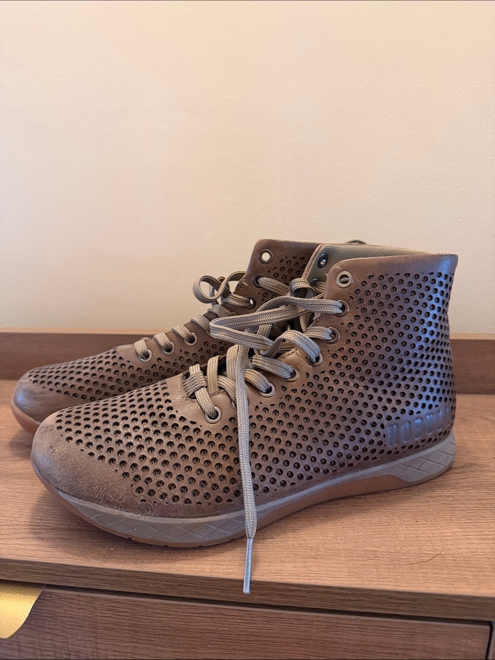 Nobull Men's leather Perforated High-Top Casual Sneakers in Taupe size 7.5